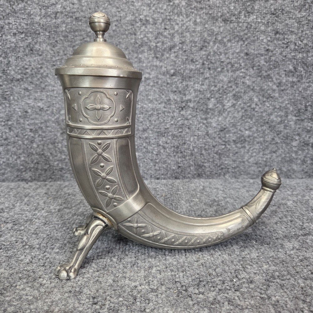 Vintage Aksel Holmsen Pewter Viking Drinking Horn with Lid Made in Norway 1930's